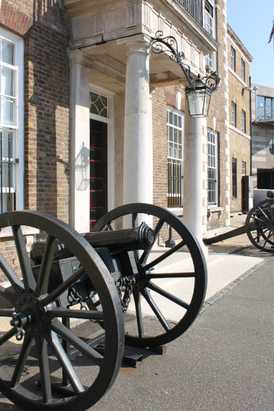 Armoury House portico and artillery gun, cannon